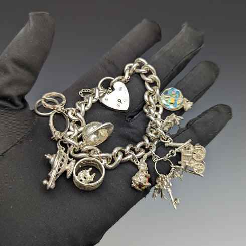 British vintage sterling silver charm bracelet 71g